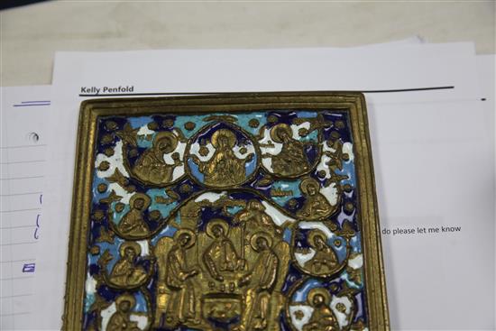 A group of 19th century and later Russian brass and champleve icons, crucifix 11in.